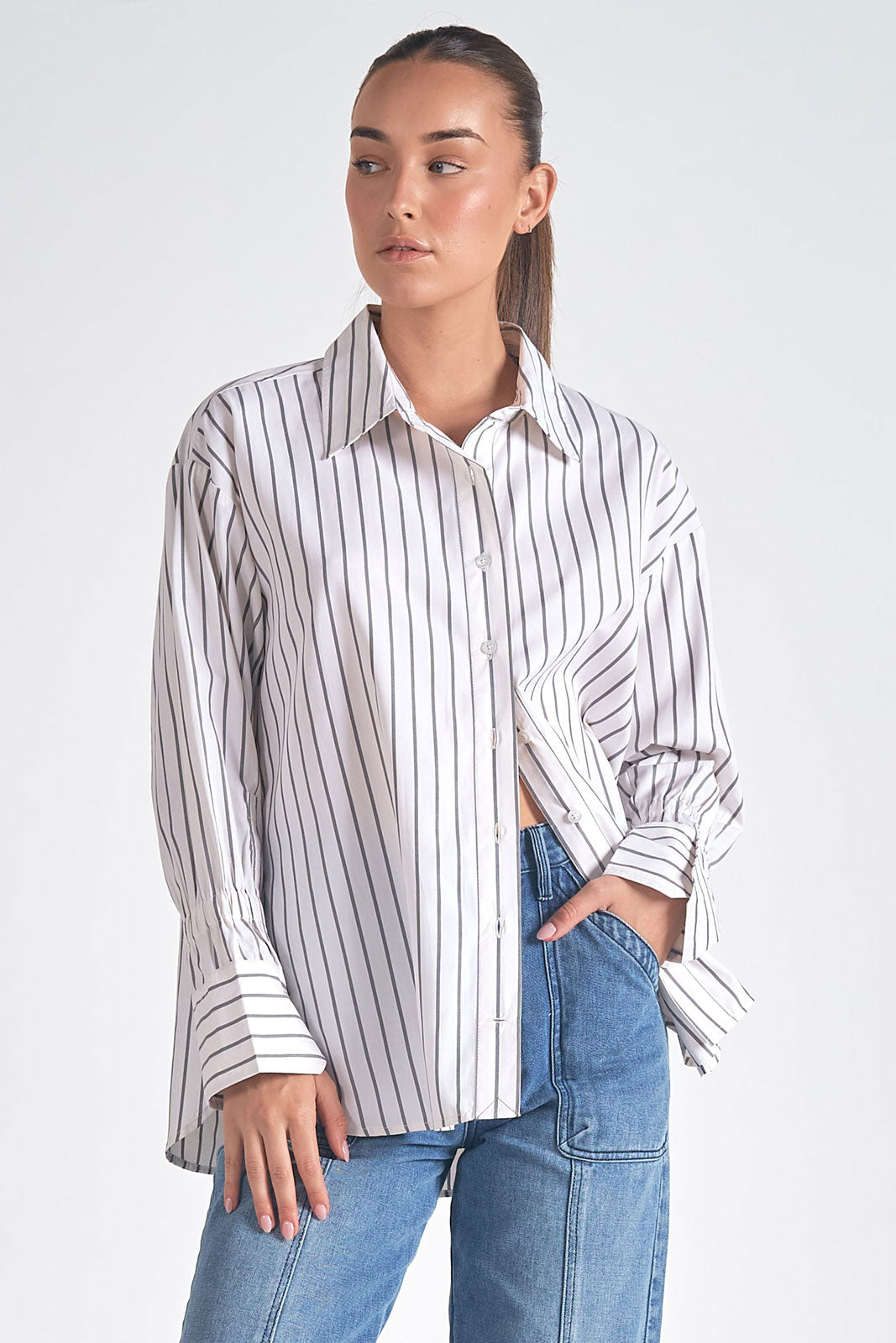 SMOCKED BUTTON-DOWN TOP