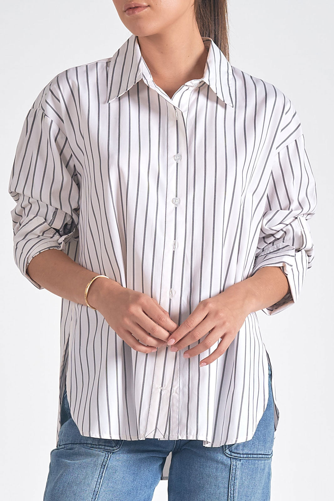 SMOCKED BUTTON-DOWN TOP